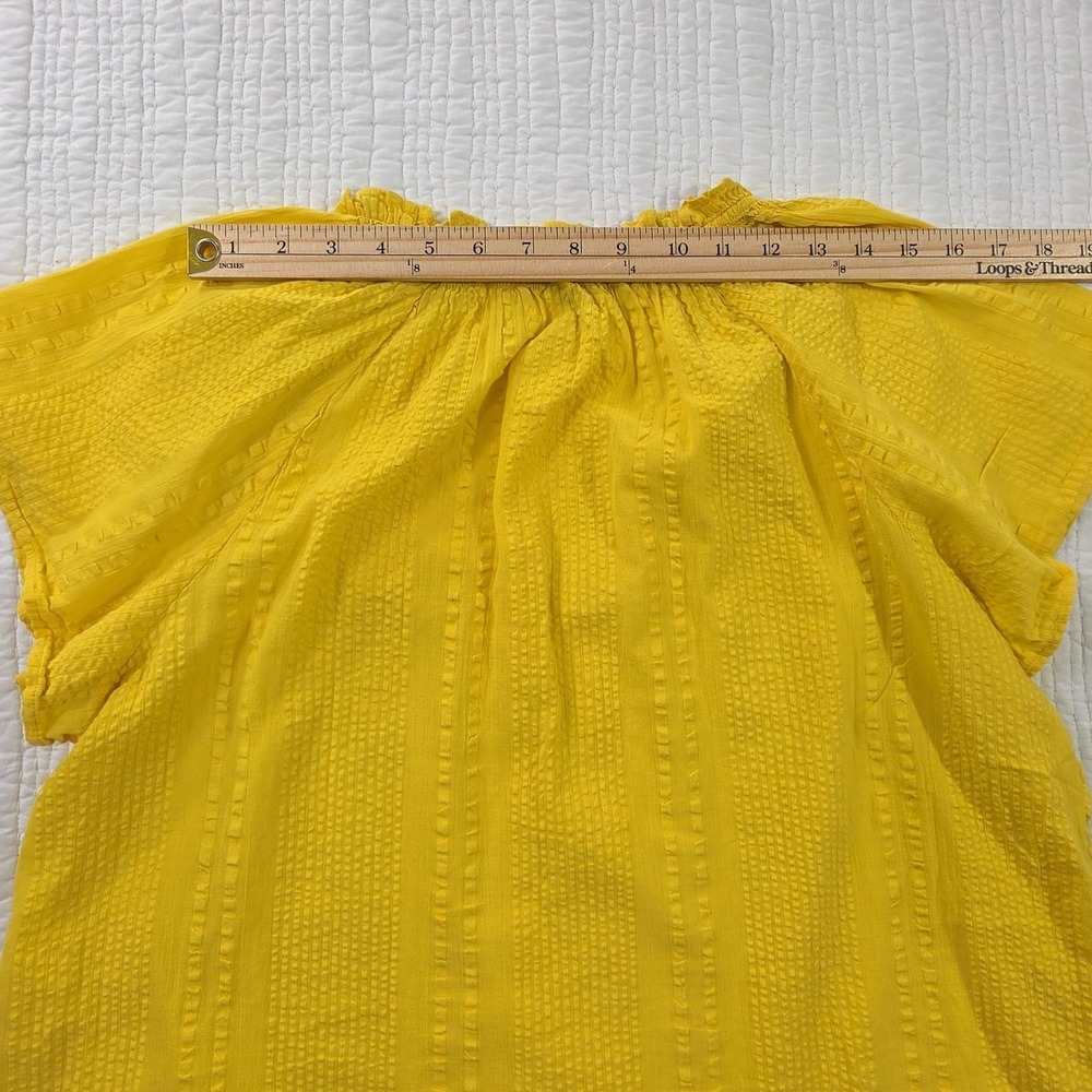 J Crew Ruffle V-Neck Blouse XL Butter Yellow Cotton Textured Short Sleeve Top - Picture 11 of 15